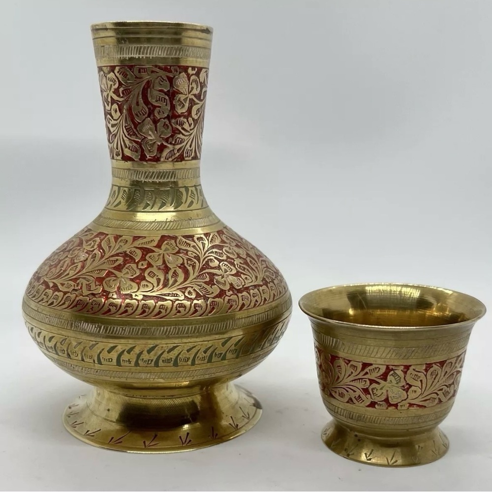 Vintage Etched Brass Suhari with Matching Drinking Cup & Red Accent Color.